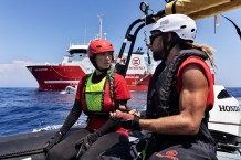 Training on board the RHIB 1 of the EMERGENCY SAR Life Support vessel. Anabel Montes Mier, head of mission, and Jonathan Nanì La Terra, SAR team leader.