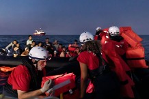 Rescue of 28 shipwrecked people by the EMERGENCY's SAR Life Support ship in international waters in the Maltese SAR zone. The second of the 23rd mission. In the foreground Sauro Forni, nurse.