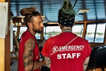 Jonathan Nanì La Terra, SAR team leader and Anabel Montes Mier, head of mission, on the bridge of the EMERGENCY SAR Life Support vessel, during the docking maneuver in the port of Ortona.